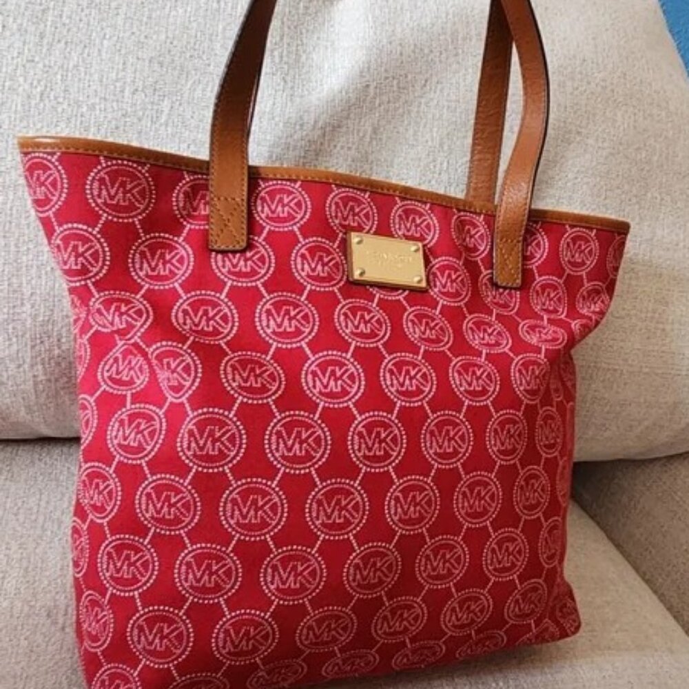 Euc Michael Kors Red & White Fabric Tote Bag Purse